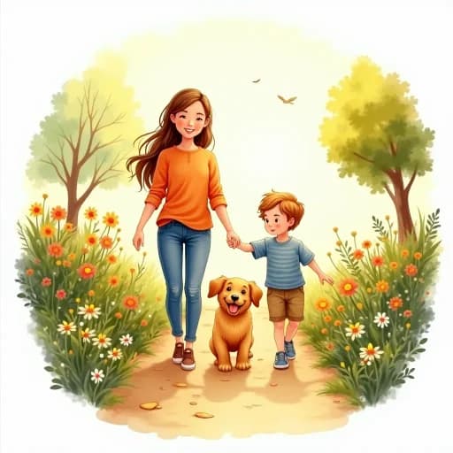 Family walking with their golden retriever in a garden
