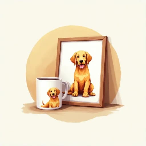 Mug and poster featuring pet storybook art