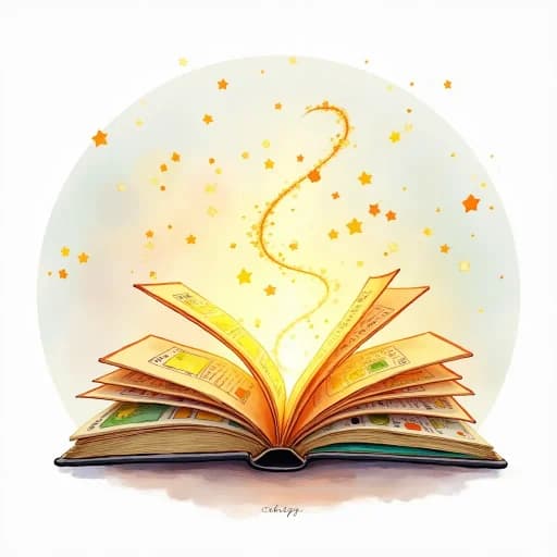 Open storybook with magical sparkles emerging from pages
