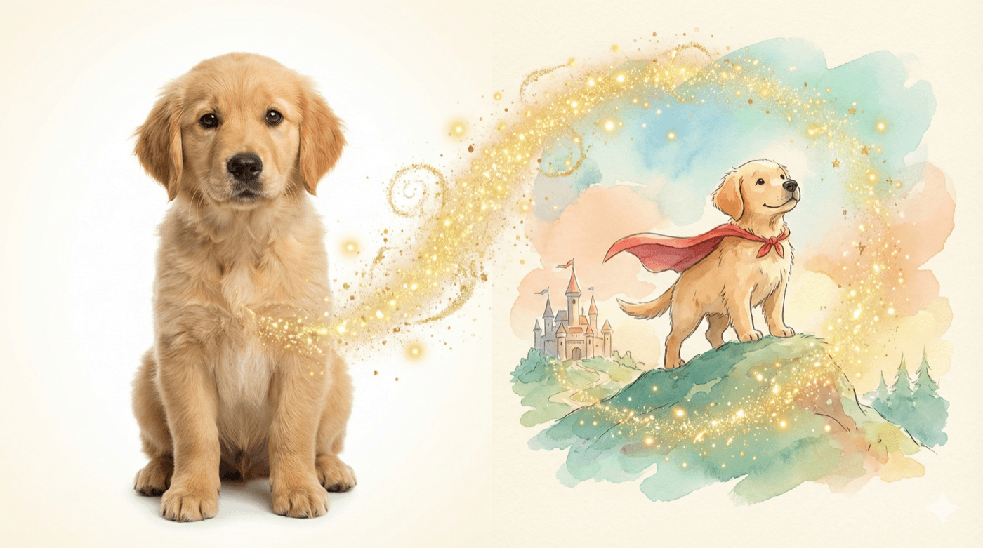 A golden retriever puppy transforms into a watercolor storybook superhero through a trail of golden sparkles