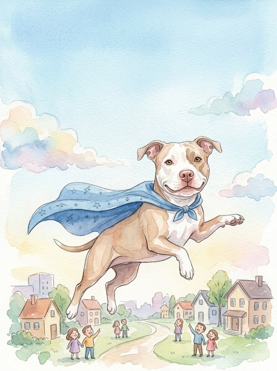 Bam Bam the Red Nose Pit Bull — Watercolor storybook illustration